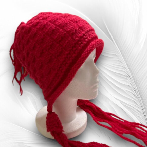Red Knitted Winter Hat with Long Braided Tassels – Soft & Warm - Picture 2 of 7